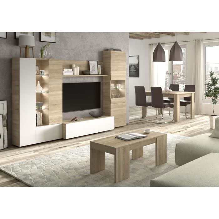 ESSENCIAL Meuble TV avec LED classique blanc brillant et décor chêne - L 260 cm