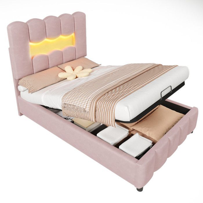 Gepolstertes Stauraumbett – MODERNLUXE – 90 x 200 cm – LED-Beleuchtung – verstellbares Kopfteil – rosa Samt