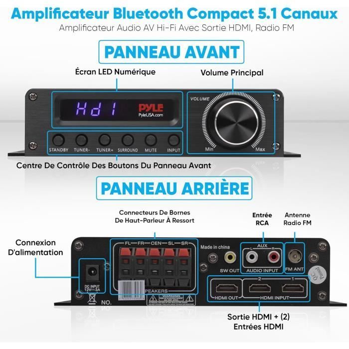 Amplificatore audio - PYLE - 100W - Bluetooth - 5.1 canali - HDMI, AUX, antenna FM