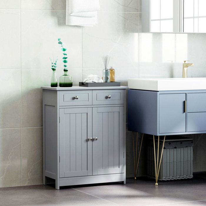Meuble de salle de bain - meuble de rangement - kleankin - 2 tiroirs placard double porte réglable - bois - 60x30x75cm - gris