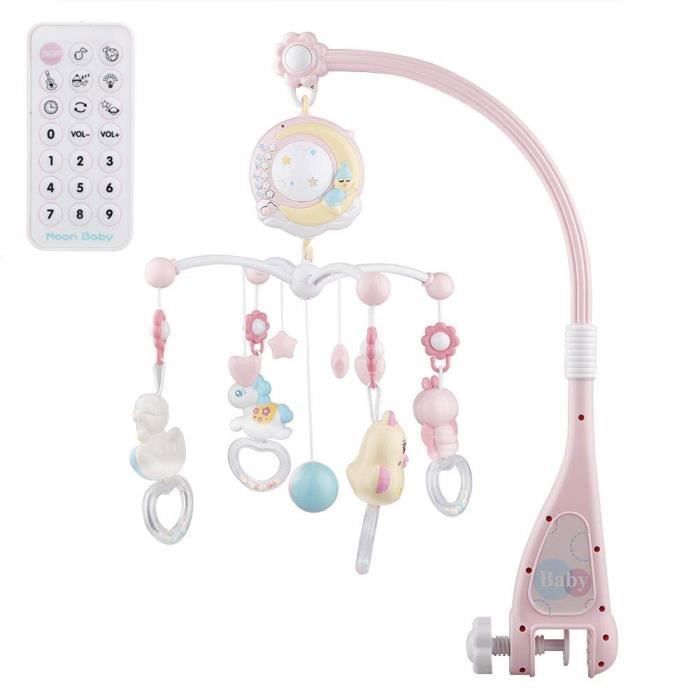 Móvil musical con control remoto para cuna de bebé, juguetes para la comodidad al dormir, móvil con proyector giratorio - Rosa