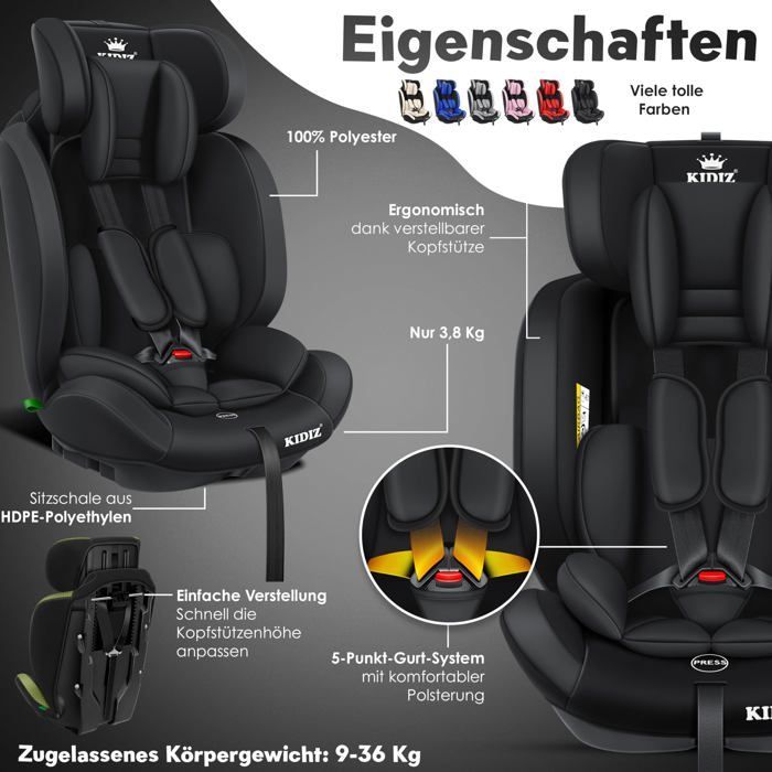 Seggiolino auto KIDIZ® per bambini e neonati da 9 a 36 kg, gruppo 1+2+3, cintura di sicurezza a 5 punti, poggiatesta regolabile e convertibile, nero.