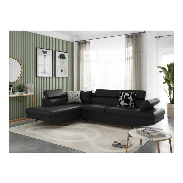 Canapé d'angle gauche 5 places RIO convertible avec coffre en simili - Noir - L271 x P192 x H70cm - LOUNGITUDE