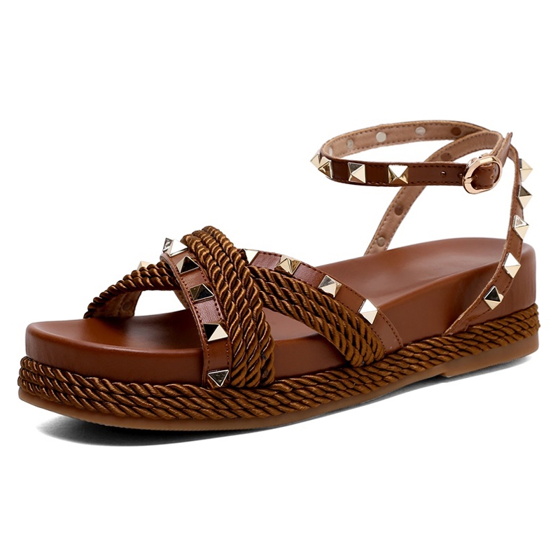 Sandales gladiateur plates à plateforme en cuir véritable avec rivets, style punk, pour femmes, chaussures décontractées d'été, sandales femmes 2021
