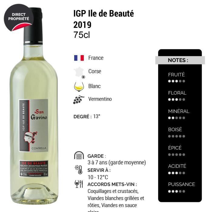 Ile de Beauté Contrella Blanc 2019 - Lote de 6x75cl - Domaine San Gavino - Vino blanco IGP de Córcega - variedad de uva Vermentino