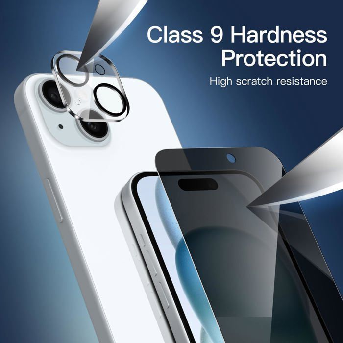 Kit de 4 unidades: 2 protectores de pantalla de vidrio templado anti-espía para iPhone 15 (6,1 pulgadas) y 2 protectores de cámara trasera.