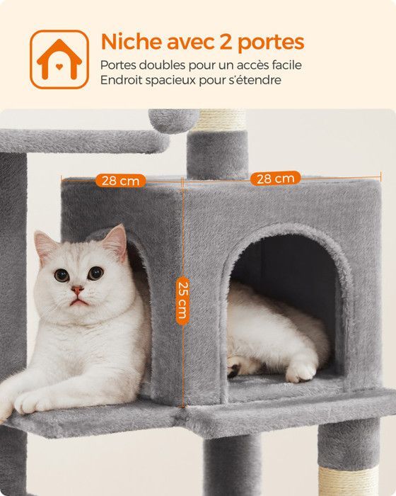 Cat Tree - FEANDREA - Height 112 cm - 4 Scratching Posts - 2 Platforms - 1 Cat Cave - 1 Hammock - Light Grey