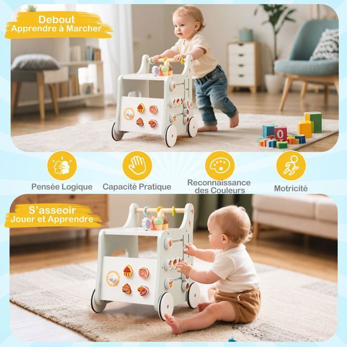 DREAMADE Girello in legno per bambini da 1 anno in su, carretto multifunzionale per gelati con accessori e ruote scorrevoli, verde