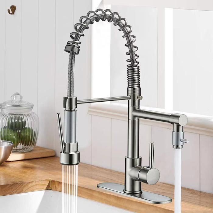 Robinet Cuisine avec 2 Jets Robinetterie à Ressort Mitigeur Cuisine Rotatif à 360°  Froid & Chaud Disponible Brossé