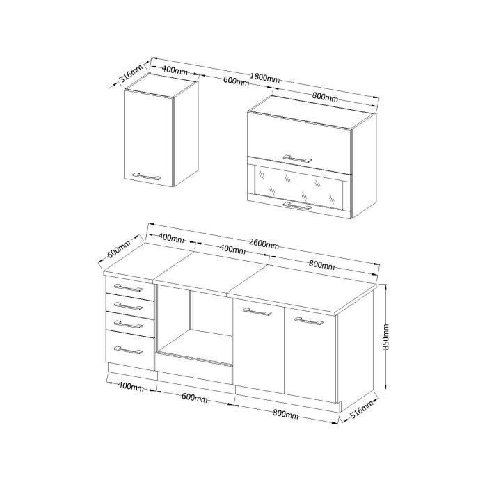 LASSEN Cuisine complète L 180 cm avec meuble four et plans de travail - 6 éléments - Gris Matera