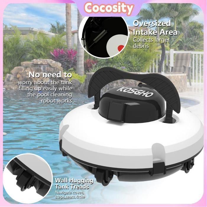 Cocosity Robot nettoyeur de piscine sans fil avec fonction de stationnement automatique à double moteur