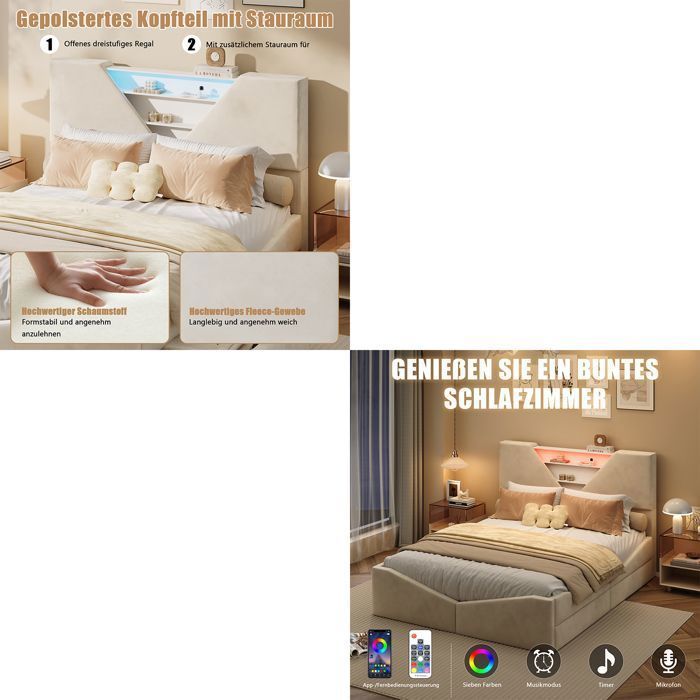 Cama de 140x190 cm - Base de láminas - Terciopelo blanco roto - Iluminación LED integrada - 4 cajones de almacenamiento