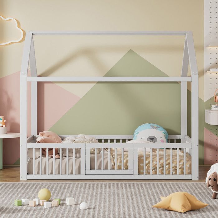 Cama infantil tipo cabaña de madera maciza MODERNLUXE - Blanca - 90x200cm - Puerta de seguridad