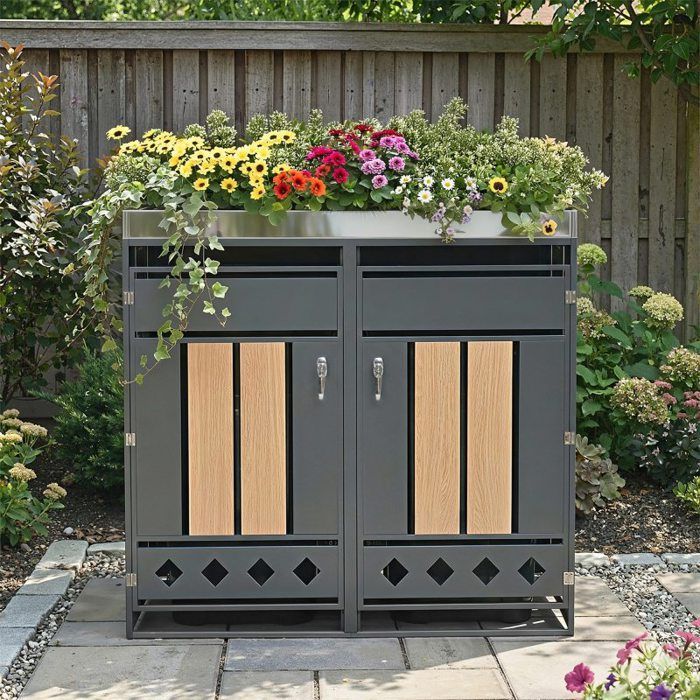 Cache-poubelle double - LANGTU - Double Jardinière - Acier galvanisé - Aspect bois gris - Verrouillable