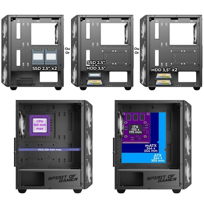 Case per PC da gaming - SPIRIT OF GAMER - REBEL NX DARK - Nero - 4 ventole ARGB - Compatibile con ATX