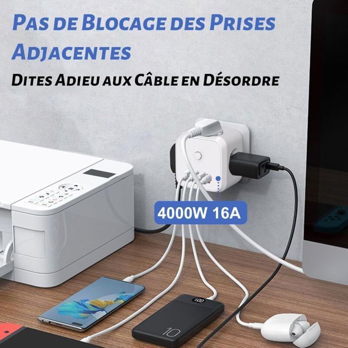Kubusvormig wandstekkerblok, 7-in-1 USB-oplader met 3 stopcontacten, 4000W stekkerblok met schakelaar voor woonkamer en kantoor