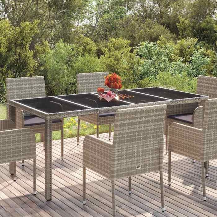 Mesa de jardín vidaXL con tablero de cristal, gris, 190x90x75cm, resina tejida, muebles de jardín, muebles de exterior, mesa, 319904