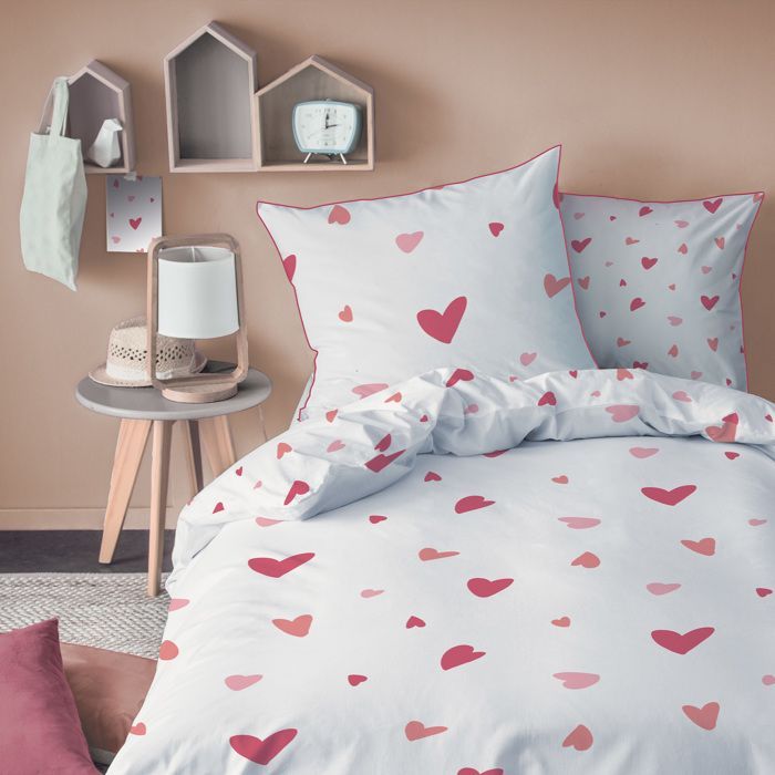 Parure de lit enfant 100% coton - MATT & ROSE - HEART - Blanc/rose - 140x200+63x63cm