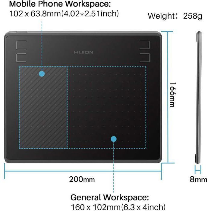 6.3x4 inch digital graphics tablet, Android/OSU compatible, 4 quick keys, battery-free stylus