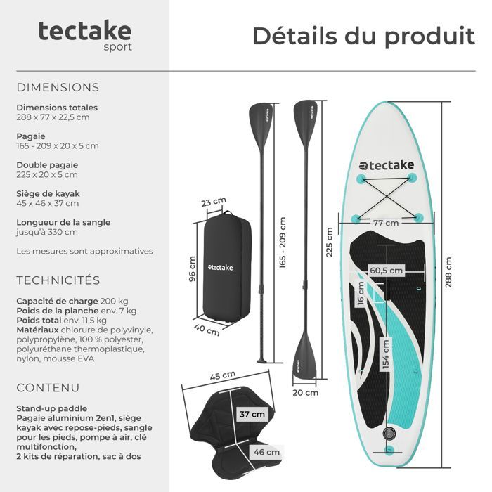 Stand-up paddleboard - TECTAKE - 2-in-1 inflatable board, complete kit, non-slip - 288 x 77 x 22.5 cm - White/Turquoise