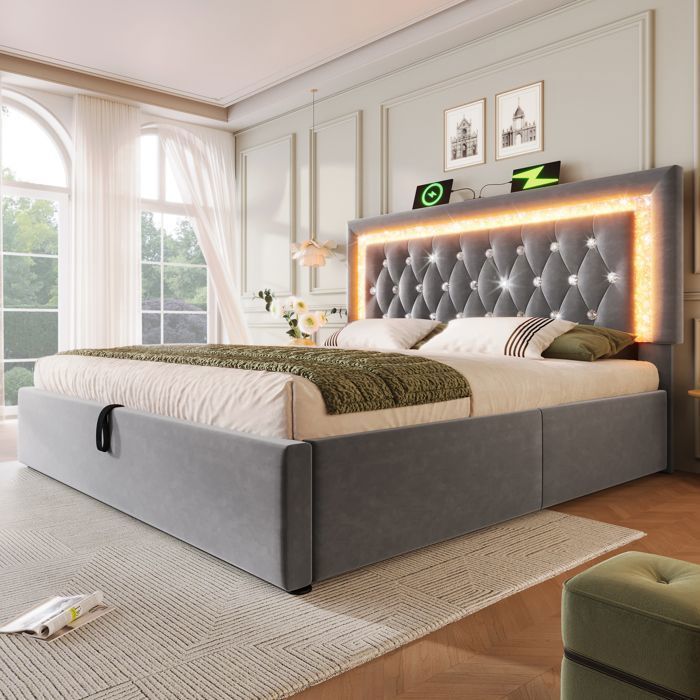 Cama con almacenamiento - Becag - Cama doble tapizada de 140x200cm con LED y USB Tipo-C, cama para adultos con almacenamiento hidráulico, terciopelo gris
