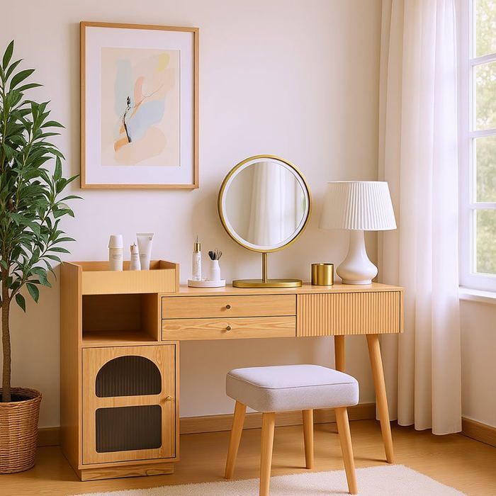 MEUBLES COSY Coiffeuse moderne avec miroir LED à 3 lumières, grand espace de rangement et armoire latérale en verre, 120x40x90 cm