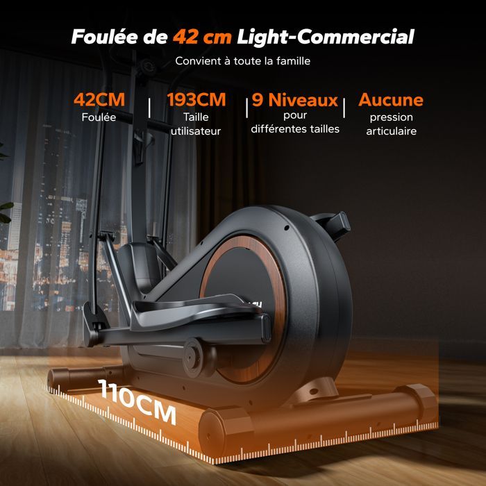 Vélo elliptique magnétique MERACH, 16 niveaux, foulée 42 cm, 150 kg max, écran LCD, capteur cardio, support tablette & gourde