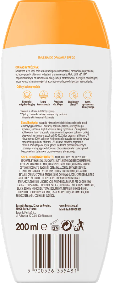 Kolastyna Sun SPF20 - Emulsja do opalania SPF 20 200 ml