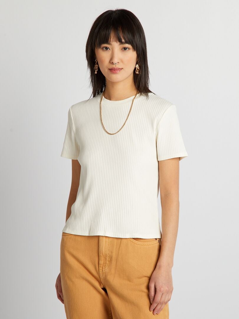Geribbeld T-shirt met ronde hals - BEIGE
