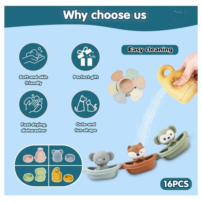 Juguetes de baño para bebés, juego de 16 juguetes de silicona que lanzan agua, juegos de baño de animales para bebés, juguetes para la playa o exteriores, juguetes