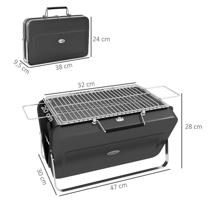 Mini churrasqueira a carvão - Outsunny - portátil, dobrável - com estojo - para jardim e camping - 47 x 30 x 28 cm - preta