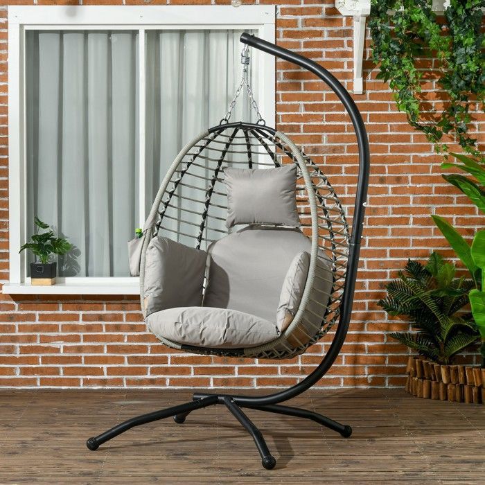 Silla colgante tipo huevo - Outsunny - columpio plegable con cojín y soporte - cuerda metálica - 110x100x188cm - gris