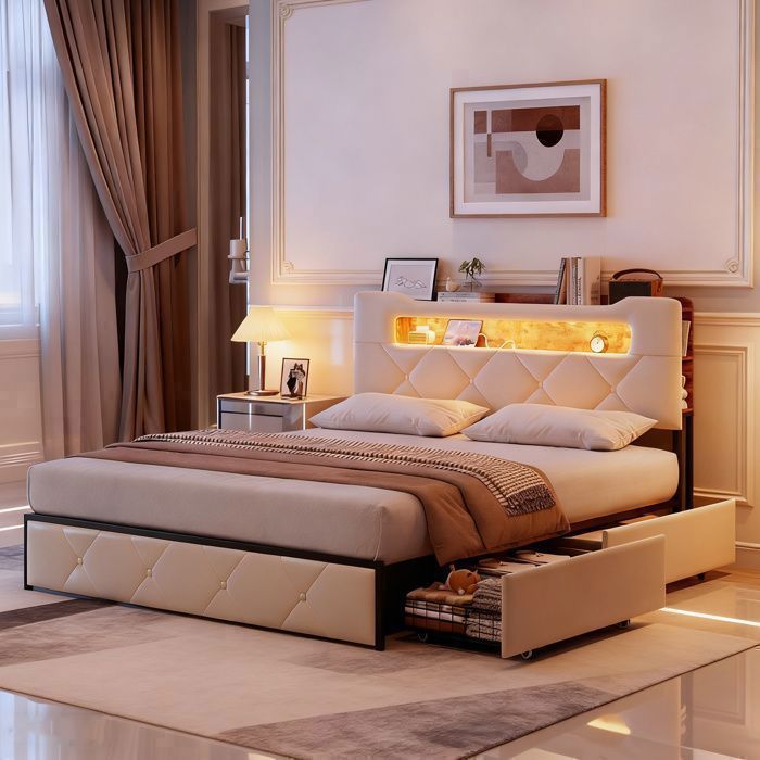 Lit 140x190 cm avec sommier à lattes, LED, cadre de lit double 140x190 avec rangement, tissu en velours beige, 2 places