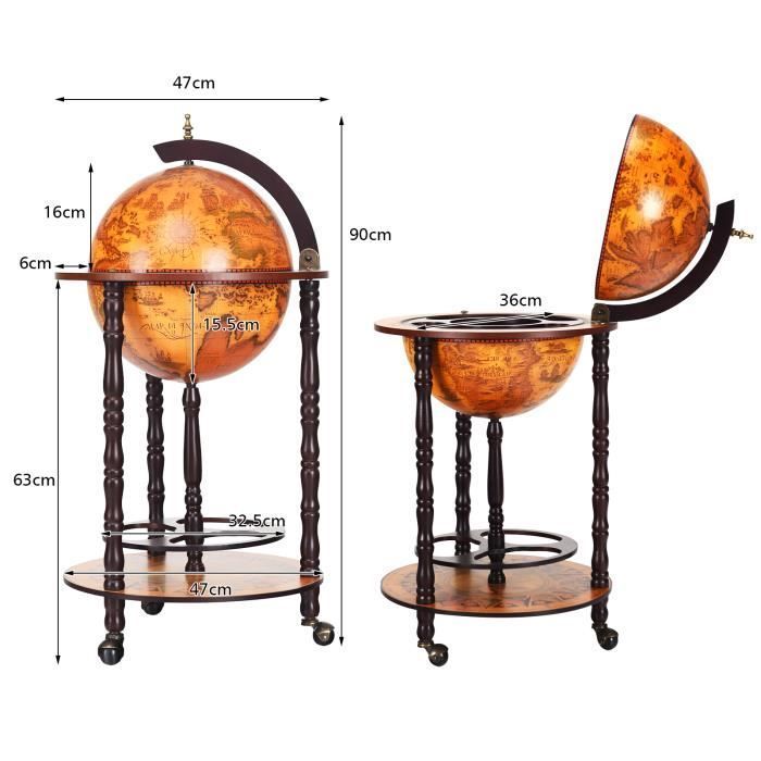 DREAMADE Bar antiguo con forma de globo terráqueo, soporte para botellas, carrito de bar con ruedas, almacenamiento de vino para sala de estar, cocina, bar.