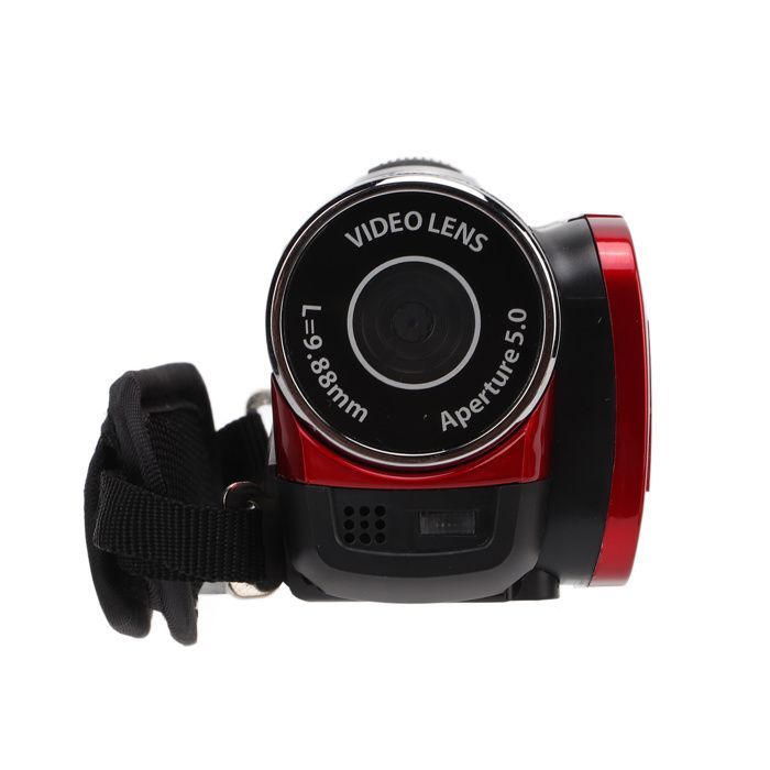 Videocámara portátil OMABETA Full HD con pantalla giratoria de 270° y color rojo.