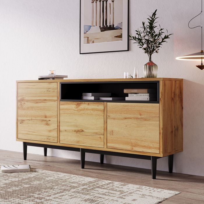 Aparador de estilo industrial, armario de pasillo de 3 puertas, mueble de cocina con estante, 160x35x76cm, madera natural rústica.