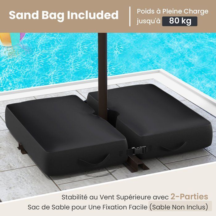 COSTWAY Parasol Déporté 3M avec 40 Lumières LED Panneau Solaire 6 Heures,Base Croisée Sac de Sable Tissu en Polyester UV 20+ Marron