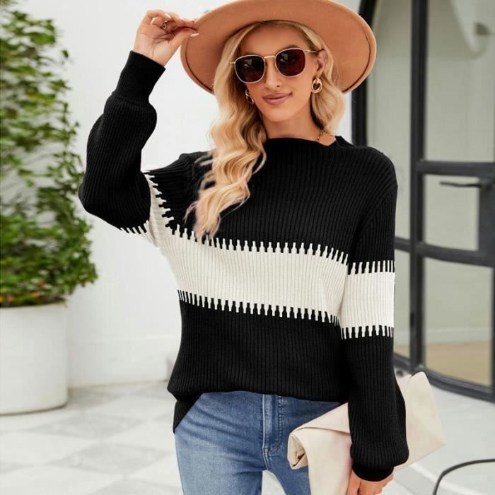 Pull en Tricot Femme INSFITY - Col mi-haute Bicolore - Manches Longues - Automne/Hiver