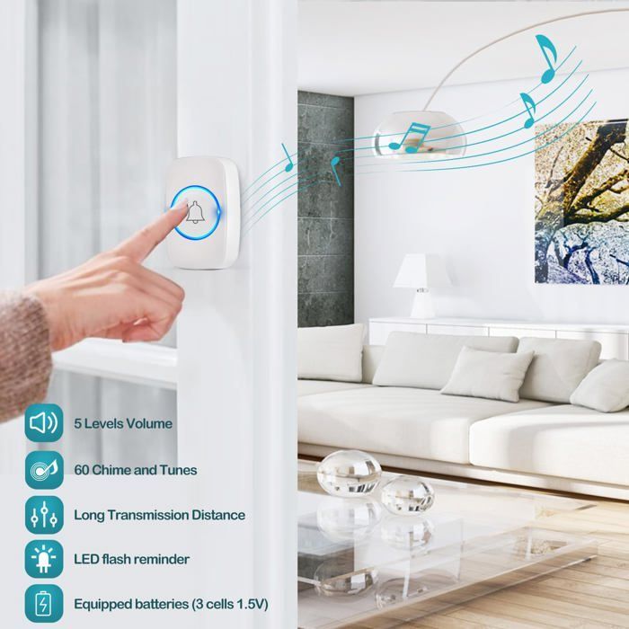Campanello senza fili per esterni IP44 300 m – 60 melodie, 5 livelli di volume, bianco