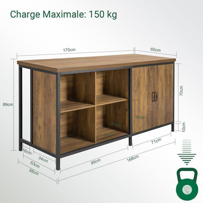 Îlot Central de Cuisine 2 Portes 4 Compartiments Plan de Travail Spacieux Meuble Cuisine Salon Rangement 170x60x89cm MDF et Acier
