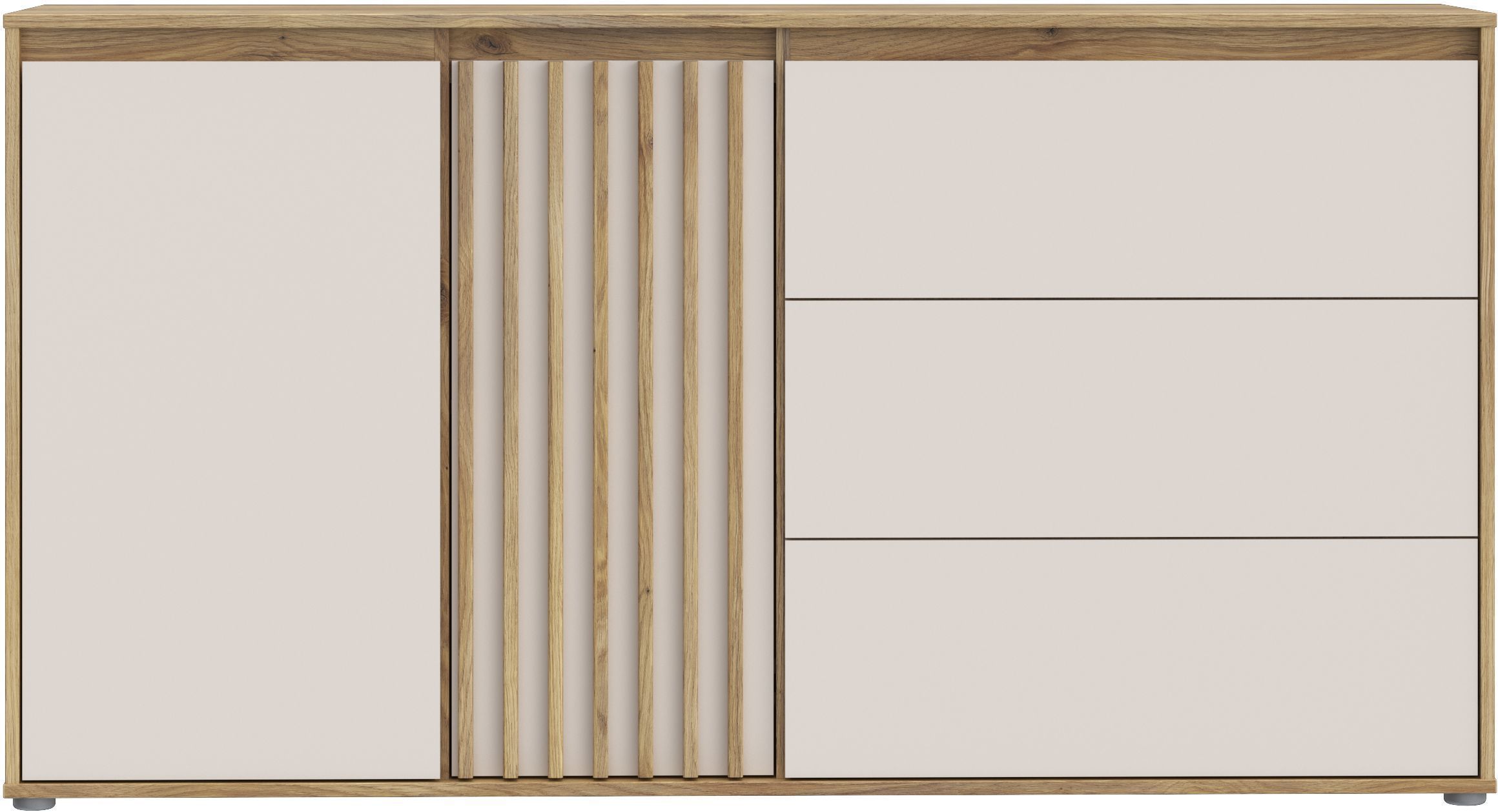 Buffet ELISTON - Blanc Mat & Chêne – 2 Portes + 3 Tiroirs – L 159,6 × P 41,5 × H 81,7 cm