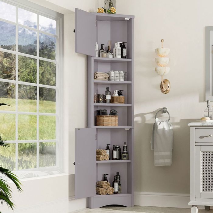 Mueble de baño tipo columna, 36,5 x 24,5 x 170 cm, triangular, 3 compartimentos, gris.