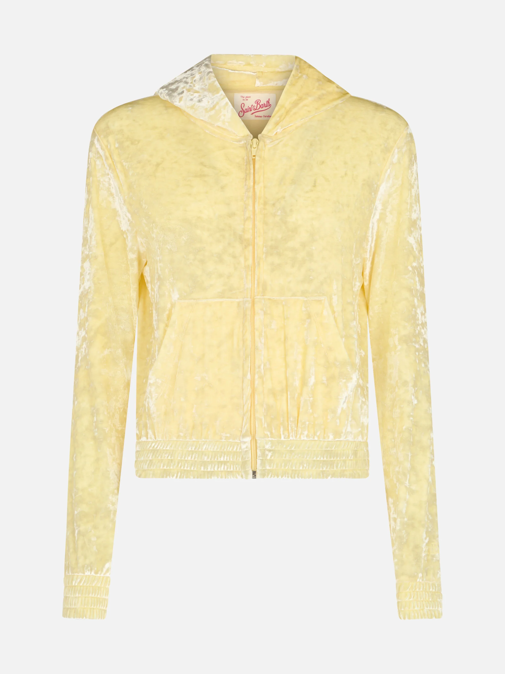 Jas dameshoodie van lichtgeel chenille met rits