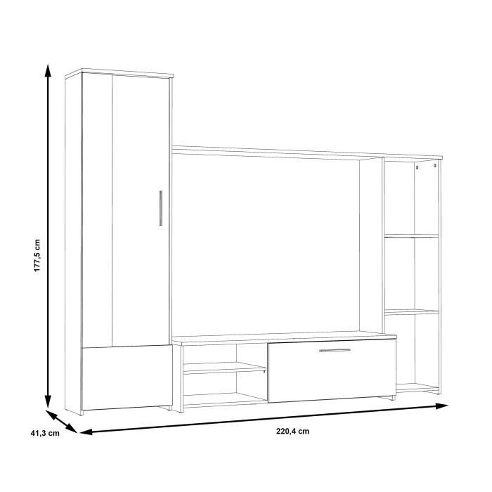 Meuble TV paroi PILVI - Particules mélaminé -Décor blanc mat - porte vitrée + 1 abattant + 5 niches - L220 x P41 x H177,5 cm