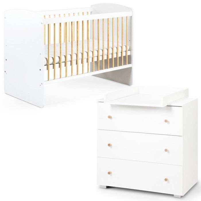 KAROLINA II Baby Cot Set 120x60 and 3-Drawer Changing Table White / Pine