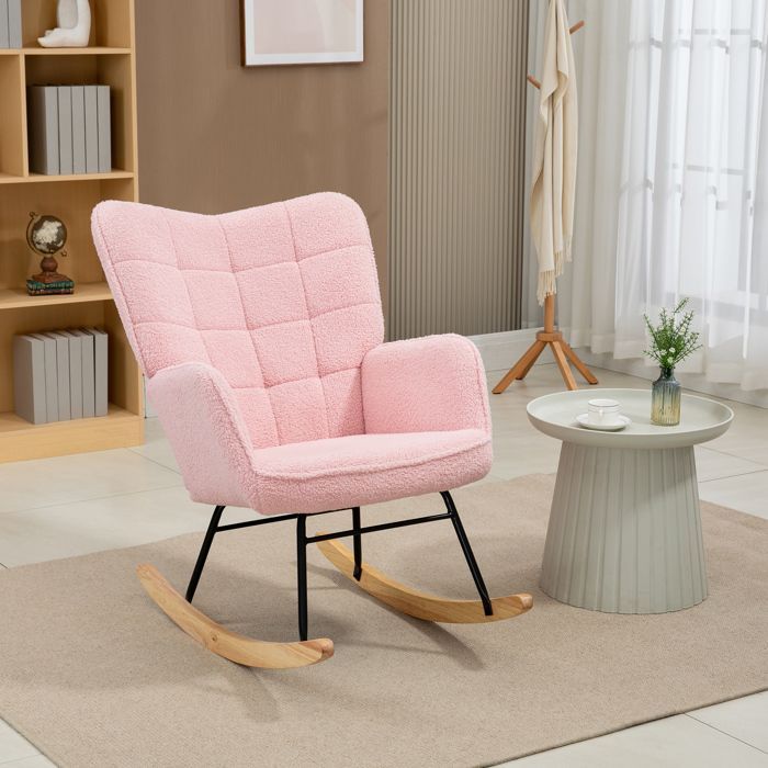Rocking chair - HOMCOM - looped wool effect upholstery - steel frame - solid wood legs - pink