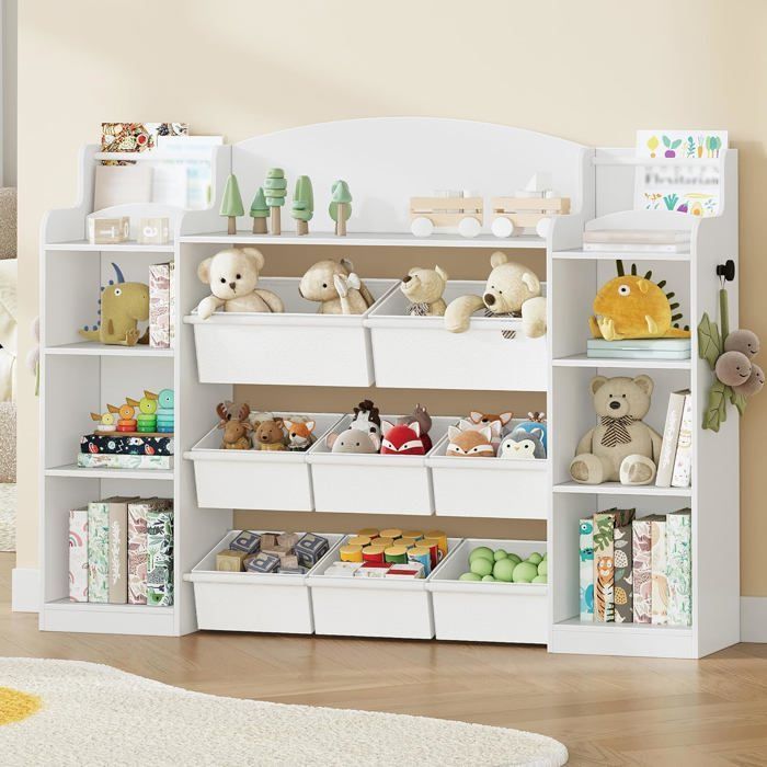 Estantería infantil de madera, con 8 cajas de tela no tejida para habitación infantil, color blanco, 30 x 140 x 104 cm.