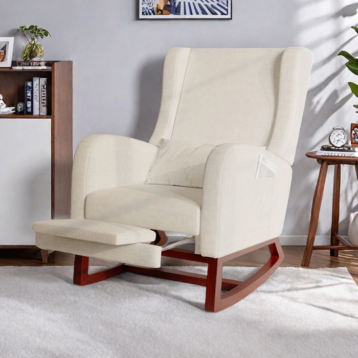 Fauteuil à Bascule - SOMUBI - Rocking Chair - Tissu Beige - Repose-jambes Télescopique - Poches de Rangement