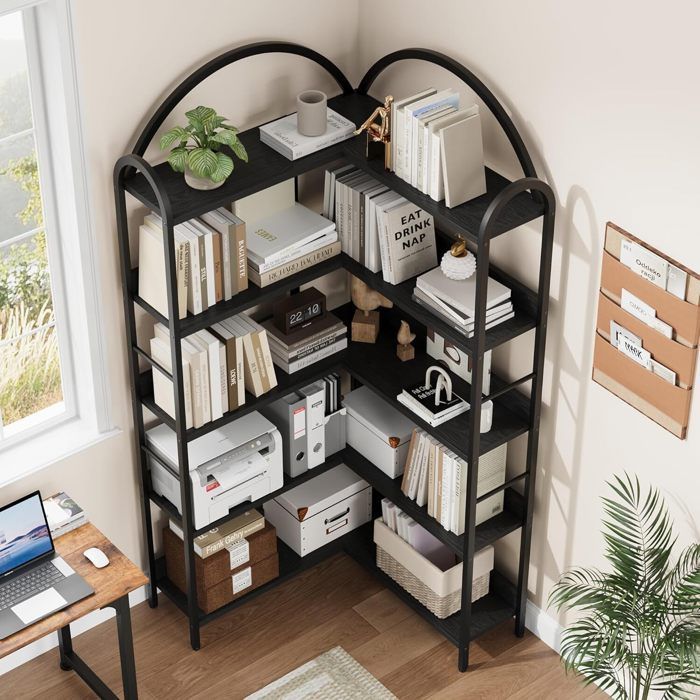 Bibliothèque d'angle à 5 niveaux, étagère d'angle en Bois et Métal, Meuble de Rangement,étagère de rangement -noir