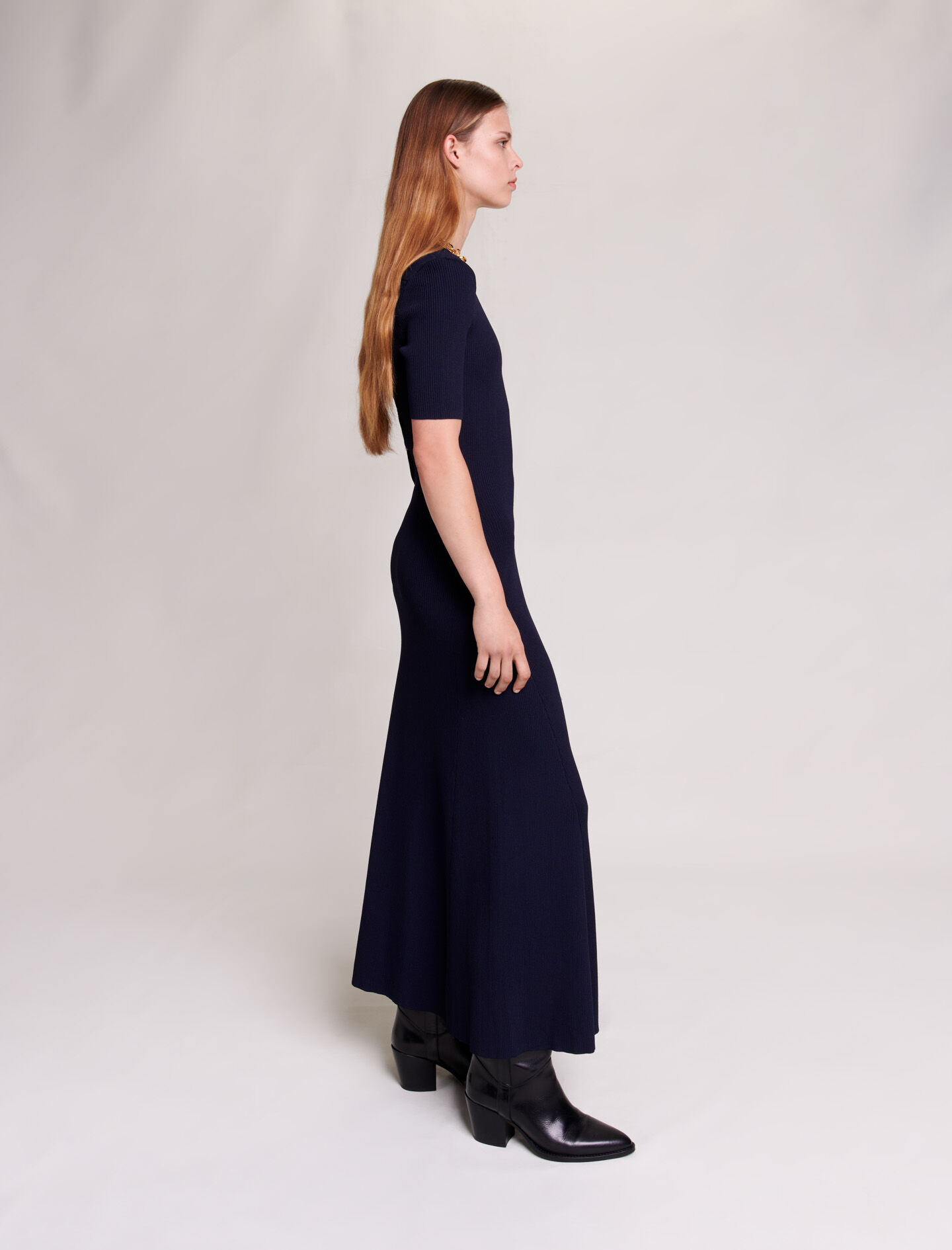 Rochie lungă din tricot ajurat - Bleumarin